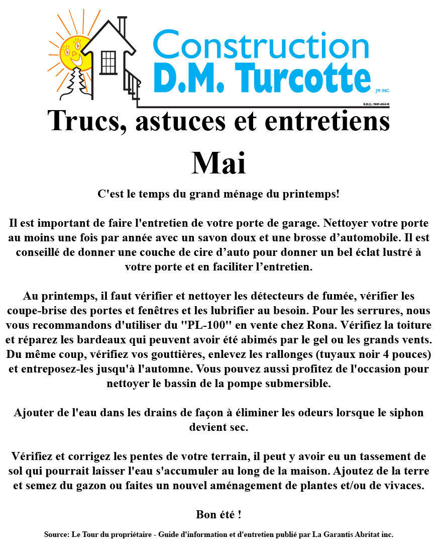 Trucs et astuce Mai - construction DM Turcotte maison jumele neuve condo neuf Trois-Rivières Mauricie
