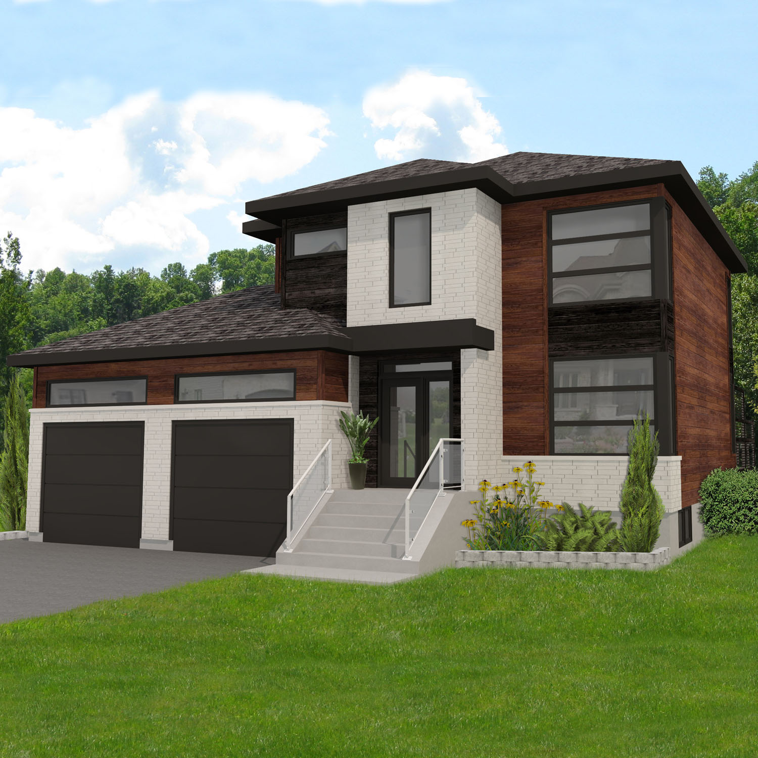 Construction maison neuve contemporaine Trois-Rivières garage double contruire en mauricie pierre permacon bois d'ingénierie St-Laurent